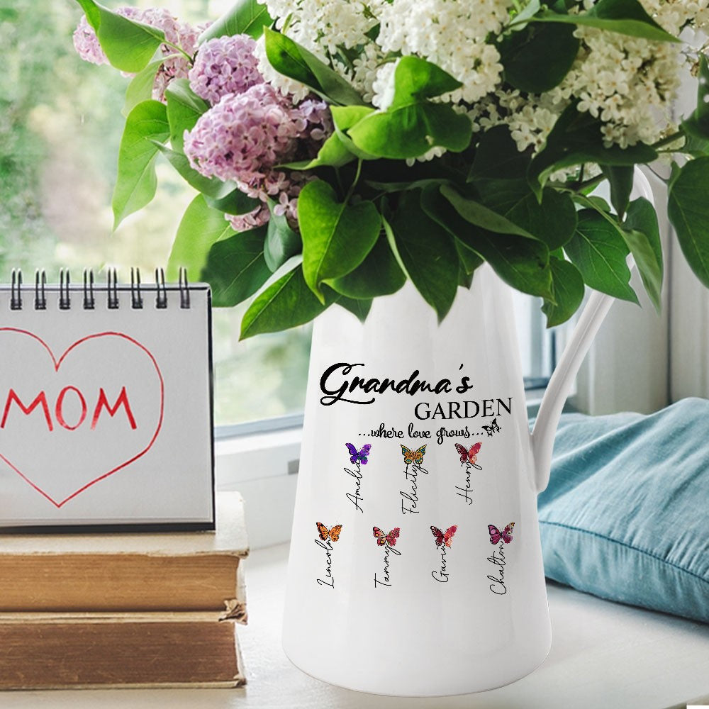 Custom Names Birth Month Butterflies of Grandma's Garden Vase, Women's Ceramic Mug Vase, Home Decor, Birthday/Mother's Day Gift for Her/Mom/Grandma