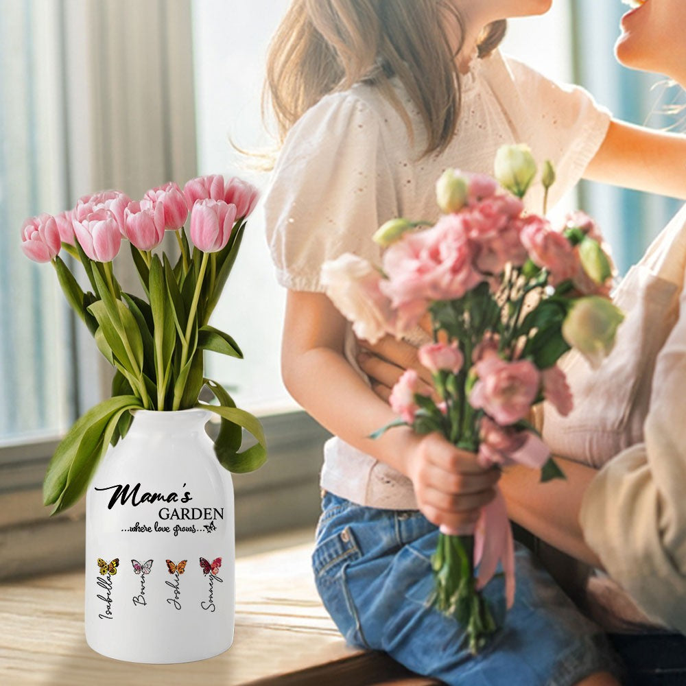 Custom Names Birth Month Butterflies of Grandma's Garden Vase, Women's Ceramic Mug Vase, Home Decor, Birthday/Mother's Day Gift for Her/Mom/Grandma