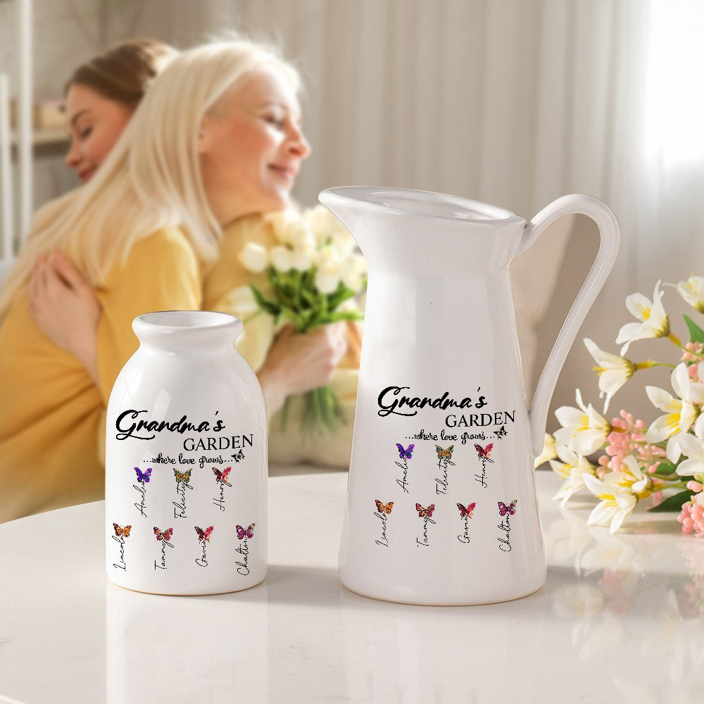 Custom Names Birth Month Butterflies of Grandma's Garden Vase, Women's Ceramic Mug Vase, Home Decor, Birthday/Mother's Day Gift for Her/Mom/Grandma