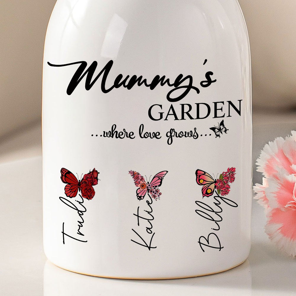 Custom Names Birth Month Butterflies of Grandma's Garden Vase, Women's Ceramic Mug Vase, Home Decor, Birthday/Mother's Day Gift for Her/Mom/Grandma