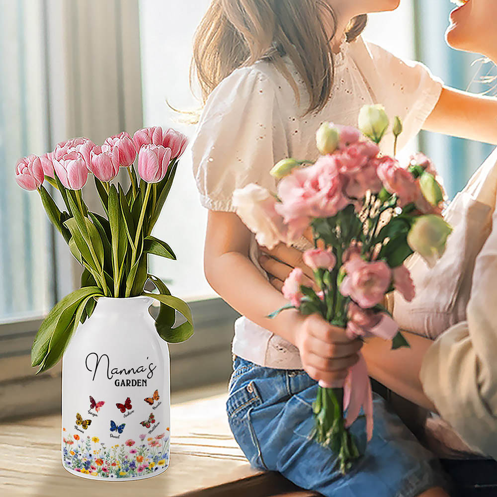 Custom Names & Birth Month Butterflies of Grandma's Garden Vase, Women's Ceramic Mug Vase, Home Decor, Birthday/Mother's Day Gift for Her/Mom/Grandma