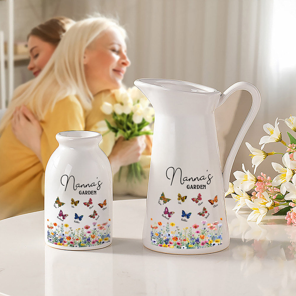 Custom Names & Birth Month Butterflies of Grandma's Garden Vase, Women's Ceramic Mug Vase, Home Decor, Birthday/Mother's Day Gift for Her/Mom/Grandma