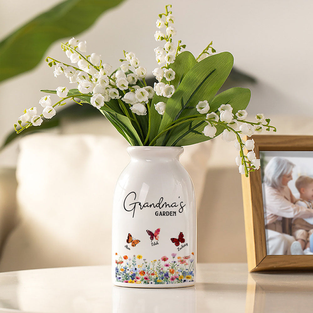 Custom Names & Birth Month Butterflies of Grandma's Garden Vase, Women's Ceramic Mug Vase, Home Decor, Birthday/Mother's Day Gift for Her/Mom/Grandma
