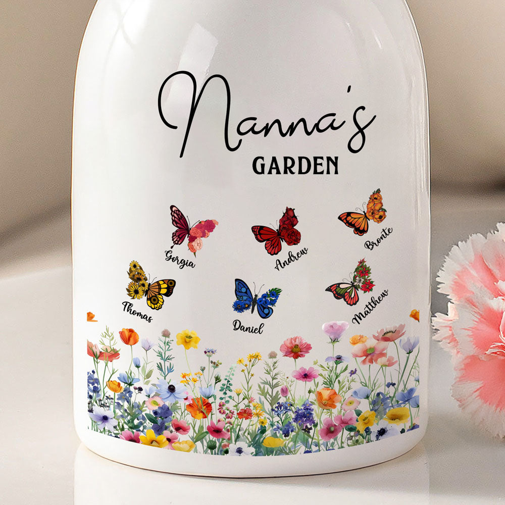 Custom Names & Birth Month Butterflies of Grandma's Garden Vase, Women's Ceramic Mug Vase, Home Decor, Birthday/Mother's Day Gift for Her/Mom/Grandma