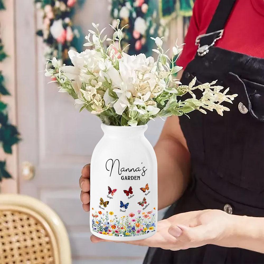 Custom Names & Birth Month Butterflies of Grandma's Garden Vase, Women's Ceramic Mug Vase, Home Decor, Birthday/Mother's Day Gift for Her/Mom/Grandma