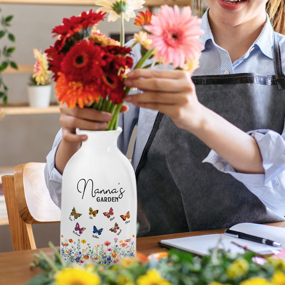 Custom Names & Birth Month Butterflies of Grandma's Garden Vase, Women's Ceramic Mug Vase, Home Decor, Birthday/Mother's Day Gift for Her/Mom/Grandma