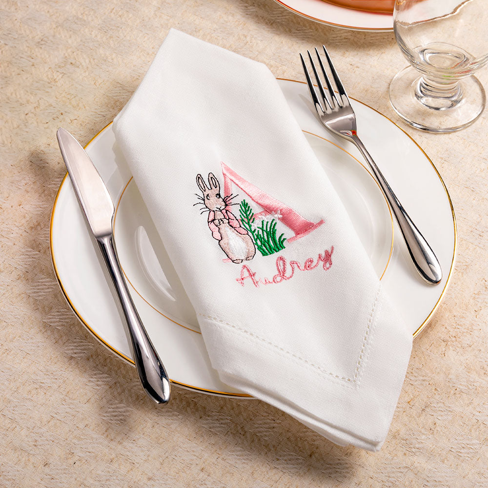 Personalized Name & Initial Embroidered Peter Rabbit Linen Napkin, Easter Party Dinner Napkin, Easter Table Decor, Easter Gift for Hostess/Mom/Family