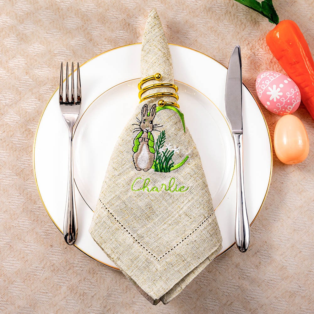 Personalized Name & Initial Embroidered Peter Rabbit Linen Napkin, Easter Party Dinner Napkin, Easter Table Decor, Easter Gift for Hostess/Mom/Family