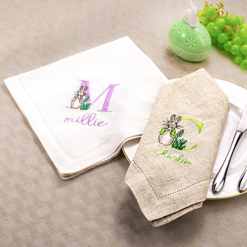 Personalized Name & Initial Embroidered Peter Rabbit Linen Napkin, Easter Party Dinner Napkin, Easter Table Decor, Easter Gift for Hostess/Mom/Family