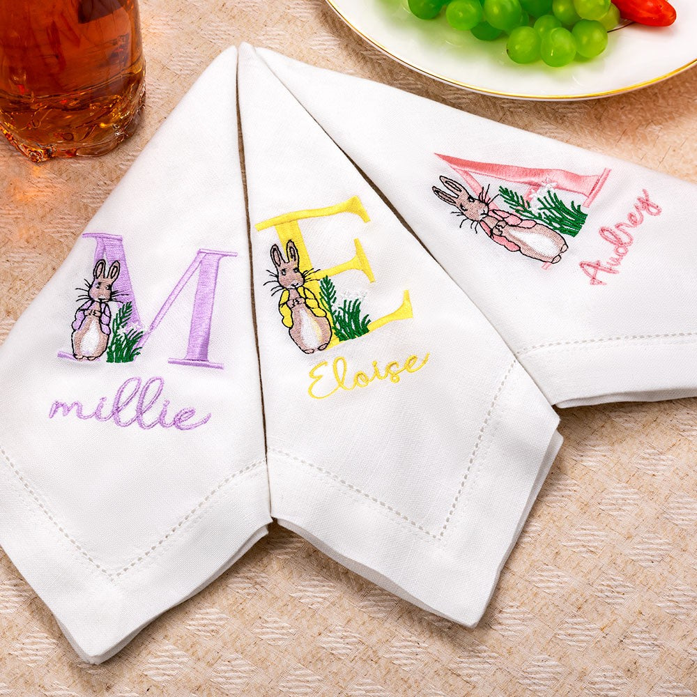 Personalized Name & Initial Embroidered Peter Rabbit Linen Napkin, Easter Party Dinner Napkin, Easter Table Decor, Easter Gift for Hostess/Mom/Family
