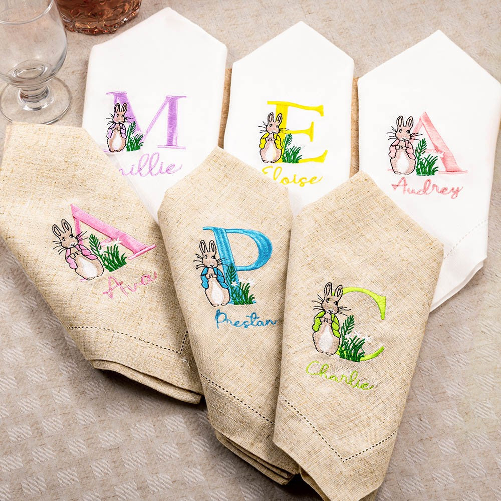 Personalized Name & Initial Embroidered Peter Rabbit Linen Napkin, Easter Party Dinner Napkin, Easter Table Decor, Easter Gift for Hostess/Mom/Family