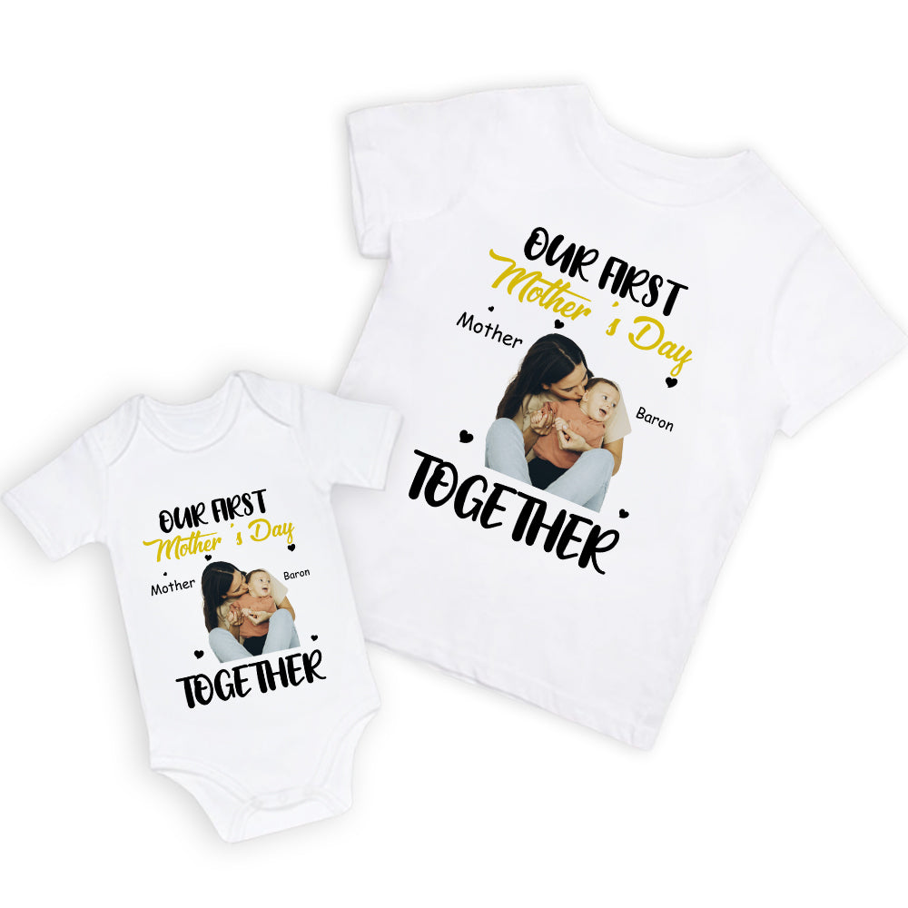 Personalized Name & Photo Our First Mother's Day Parent-Child Matching Shirts, 100% Cotton Mom T-Shirt & Baby Bodysuit Set, Gift for Newborns/New Mom