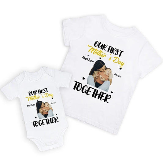 Personalized Name & Photo Our First Mother's Day Parent-Child Matching Shirts, 100% Cotton Mom T-Shirt & Baby Bodysuit Set, Gift for Newborns/New Mom