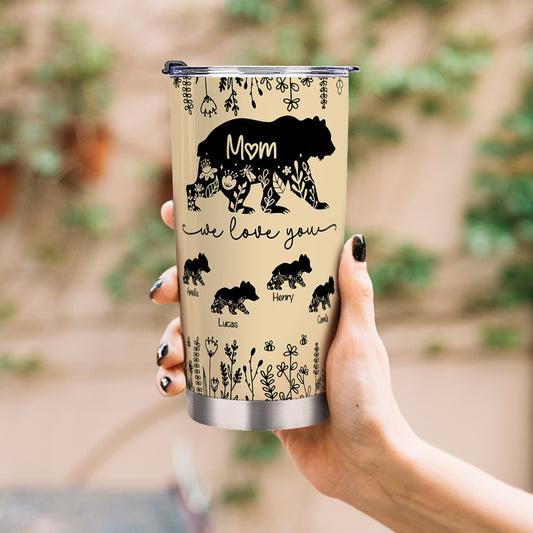 Personalized Names Floral Mama Bear & Cubs Tumbler, Stainless Steel 20oz Travel Mug with Straw & Lid, Birthday/Mother's Day Gift for Her/Mom/Grandma