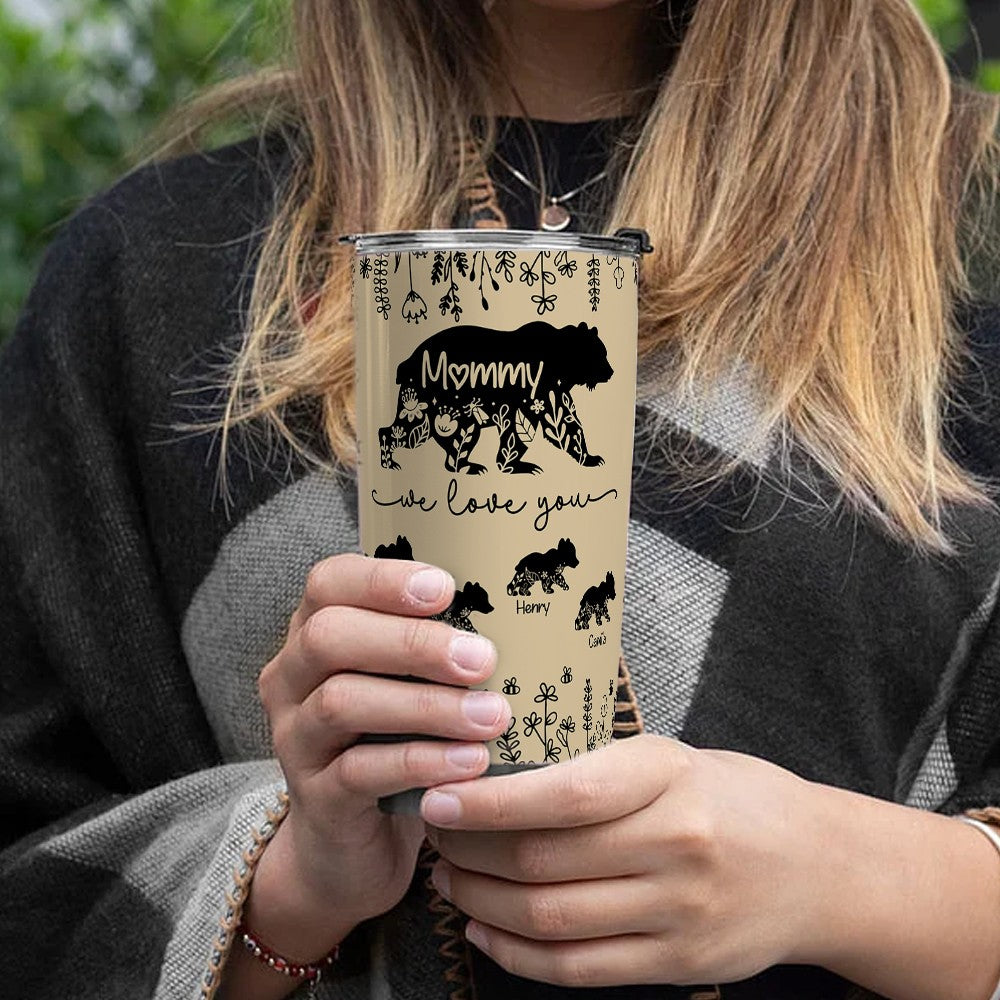 Personalized Names Floral Mama Bear & Cubs Tumbler, Stainless Steel 20oz Travel Mug with Straw & Lid, Birthday/Mother's Day Gift for Her/Mom/Grandma