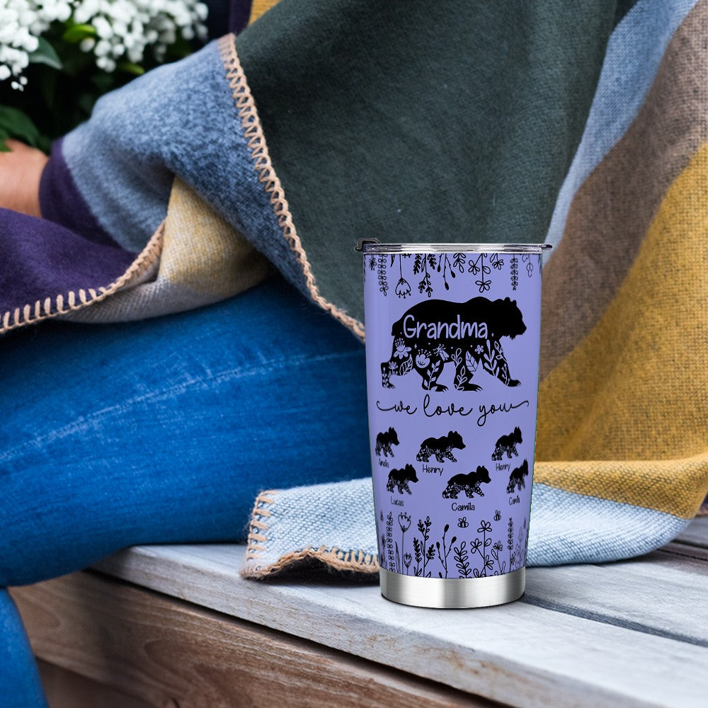 Personalized Names Floral Mama Bear & Cubs Tumbler, Stainless Steel 20oz Travel Mug with Straw & Lid, Birthday/Mother's Day Gift for Her/Mom/Grandma
