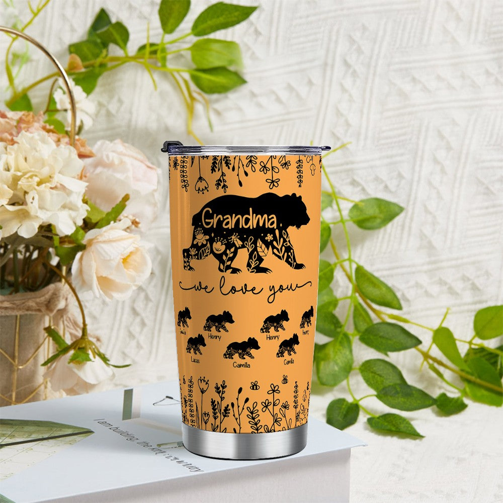 Personalized Names Floral Mama Bear & Cubs Tumbler, Stainless Steel 20oz Travel Mug with Straw & Lid, Birthday/Mother's Day Gift for Her/Mom/Grandma