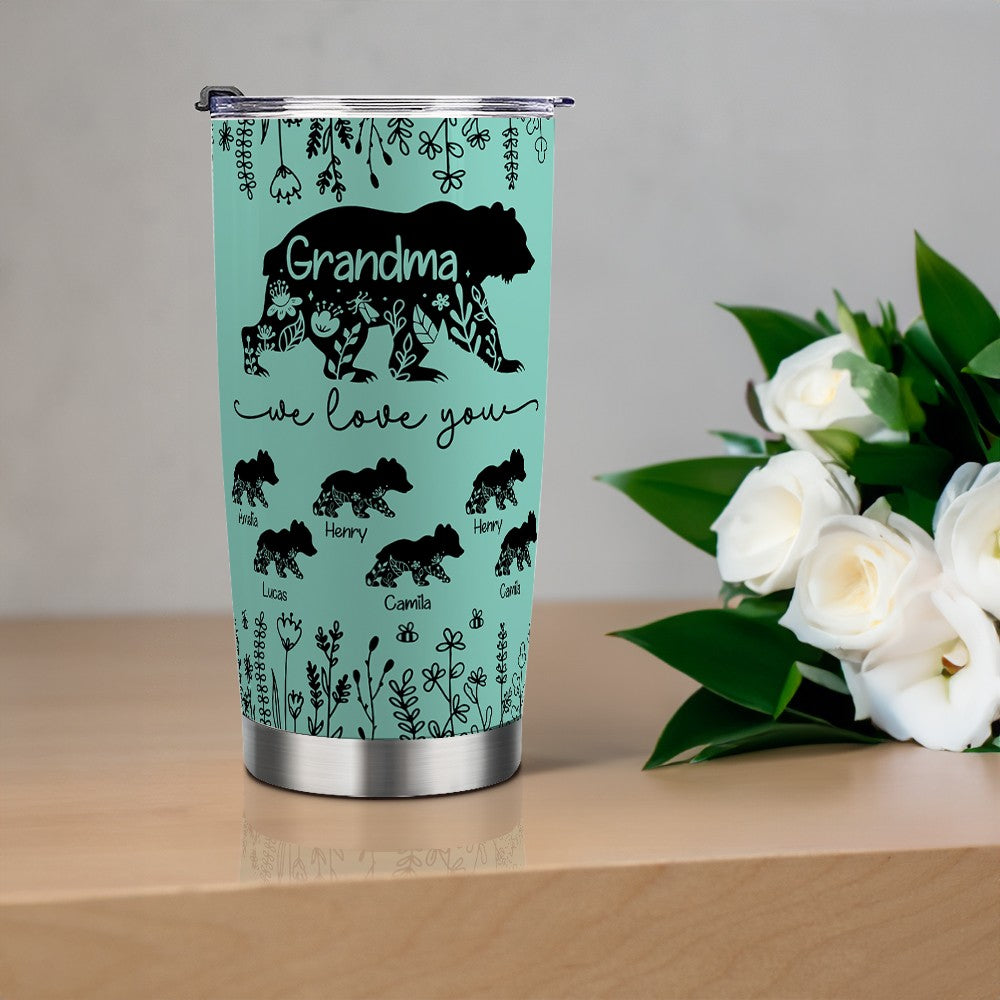 Personalized Names Floral Mama Bear & Cubs Tumbler, Stainless Steel 20oz Travel Mug with Straw & Lid, Birthday/Mother's Day Gift for Her/Mom/Grandma