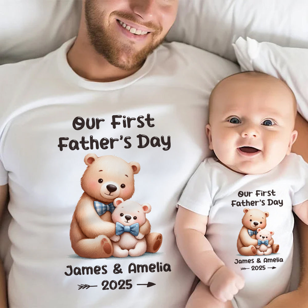 Custom Name Our First Father's Day Parent-Child Matching Shirts, Animal Papa & Kid Design Dad T-Shirt & Baby Bodysuit Set, Gift for Newborns/New Dad