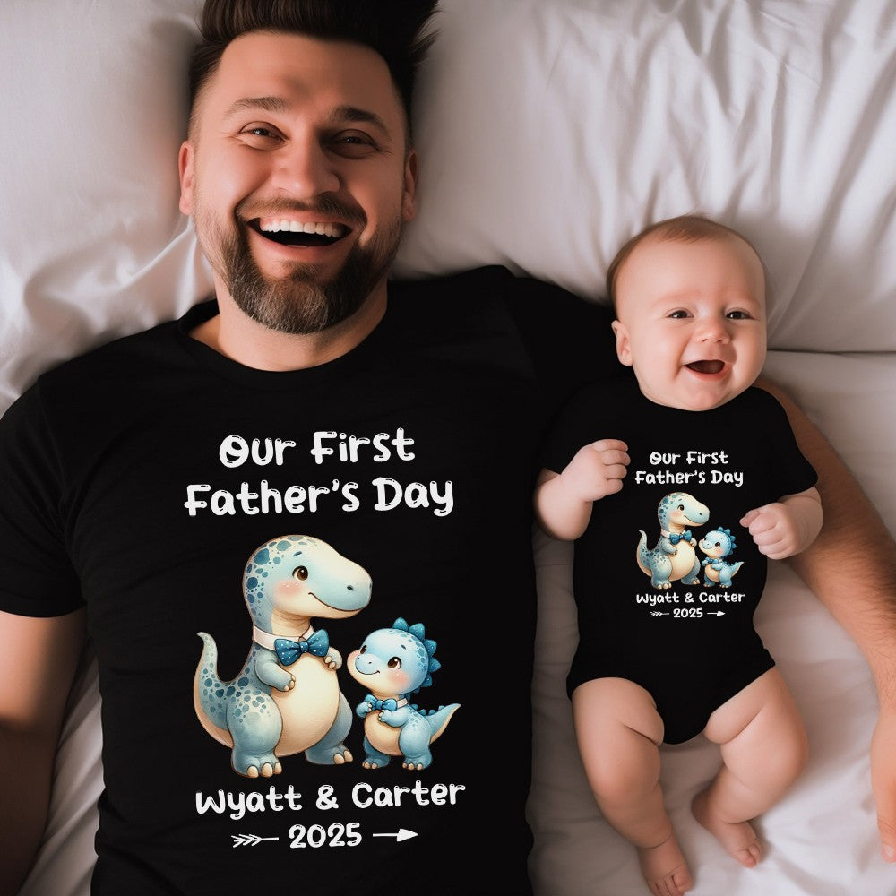 Custom Name Our First Father's Day Parent-Child Matching Shirts, Animal Papa & Kid Design Dad T-Shirt & Baby Bodysuit Set, Gift for Newborns/New Dad