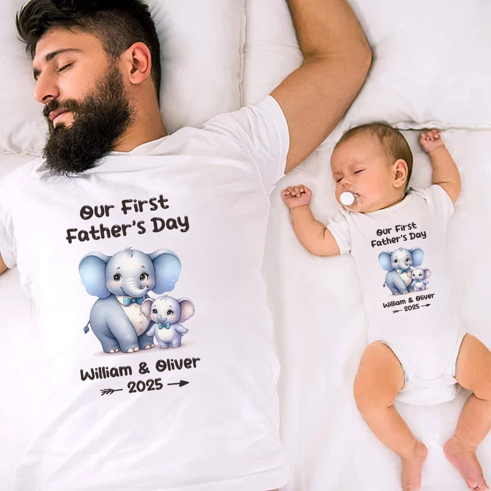 Custom Name Our First Father's Day Parent-Child Matching Shirts, Animal Papa & Kid Design Dad T-Shirt & Baby Bodysuit Set, Gift for Newborns/New Dad
