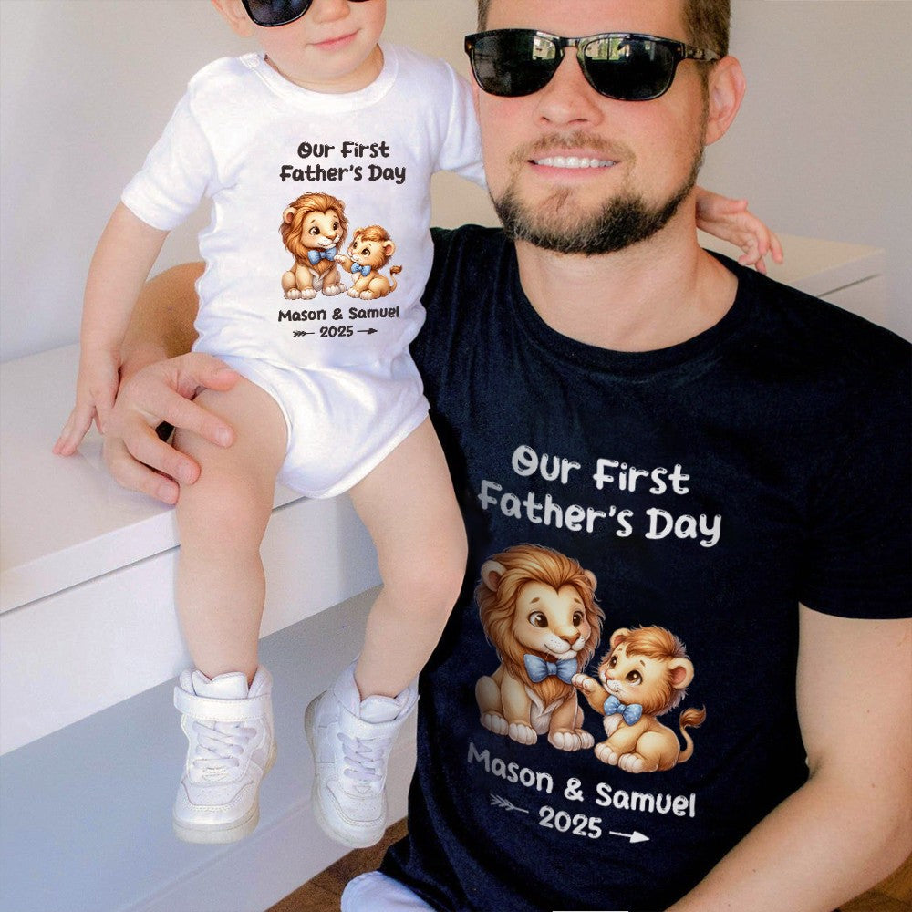 Custom Name Our First Father's Day Parent-Child Matching Shirts, Animal Papa & Kid Design Dad T-Shirt & Baby Bodysuit Set, Gift for Newborns/New Dad