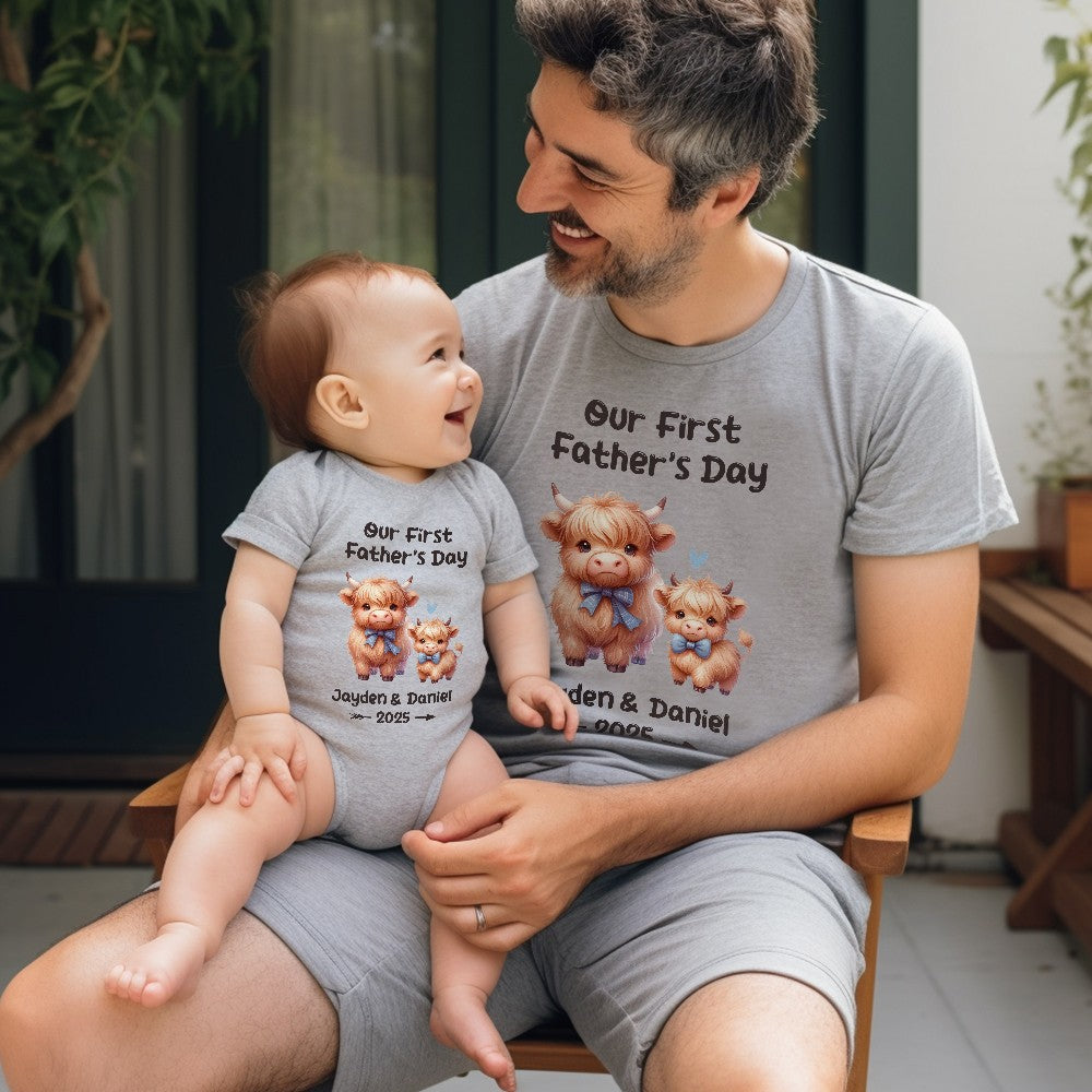 Custom Name Our First Father's Day Parent-Child Matching Shirts, Animal Papa & Kid Design Dad T-Shirt & Baby Bodysuit Set, Gift for Newborns/New Dad