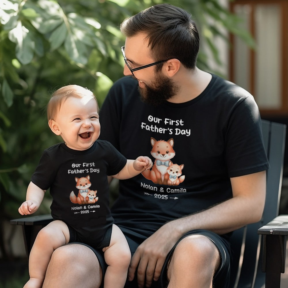 Custom Name Our First Father's Day Parent-Child Matching Shirts, Animal Papa & Kid Design Dad T-Shirt & Baby Bodysuit Set, Gift for Newborns/New Dad