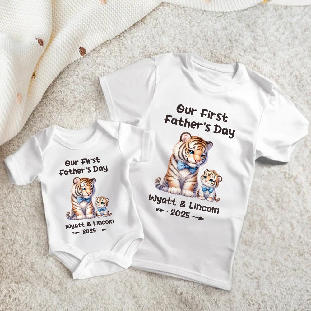 Custom Name Our First Father's Day Parent-Child Matching Shirts, Animal Papa & Kid Design Dad T-Shirt & Baby Bodysuit Set, Gift for Newborns/New Dad