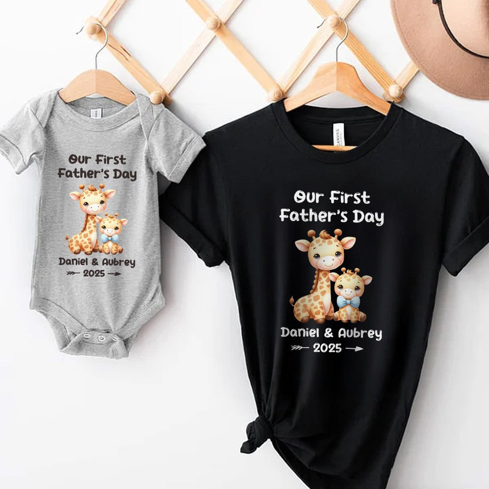 Custom Name Our First Father's Day Parent-Child Matching Shirts, Animal Papa & Kid Design Dad T-Shirt & Baby Bodysuit Set, Gift for Newborns/New Dad