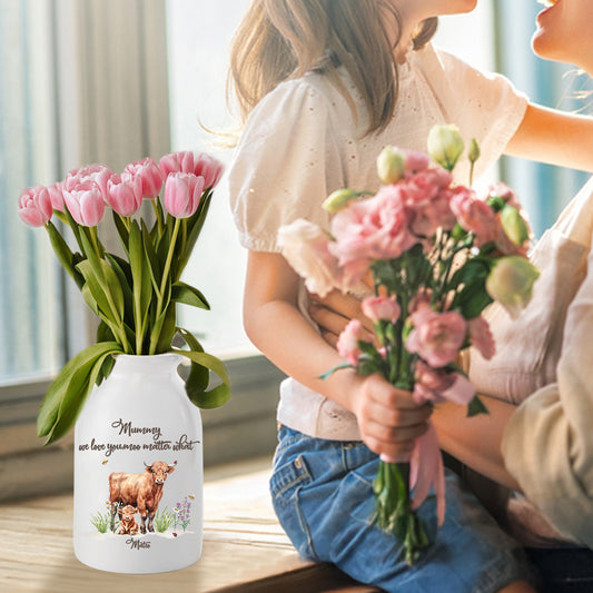 Personalized Name Highland Cow Mom & Kids Flower Vase, Women's Ceramic Mug Vase, Home Decor, Birthday/Mother's Day Gift for Her/Mom/Grandma