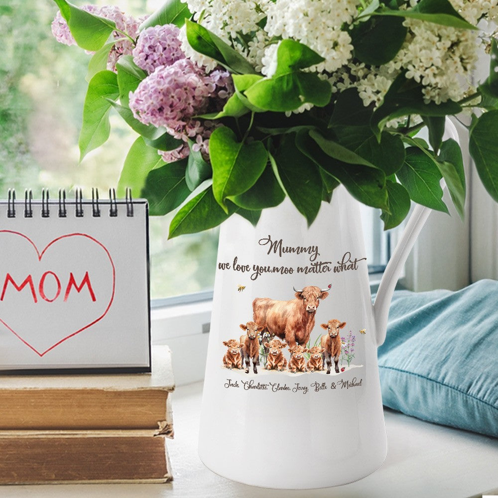Personalized Name Highland Cow Mom & Kids Flower Vase, Women's Ceramic Mug Vase, Home Decor, Birthday/Mother's Day Gift for Her/Mom/Grandma