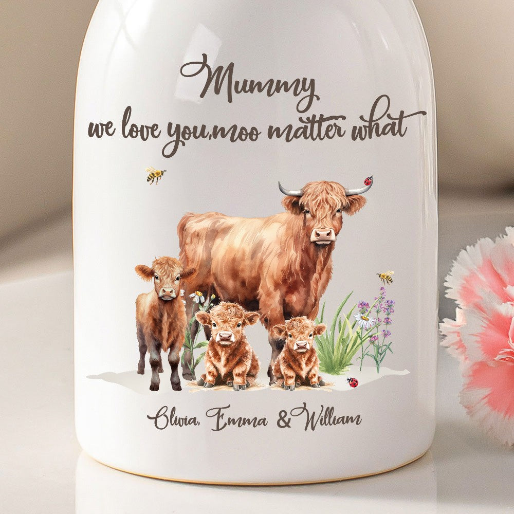 Personalized Name Highland Cow Mom & Kids Flower Vase, Women's Ceramic Mug Vase, Home Decor, Birthday/Mother's Day Gift for Her/Mom/Grandma