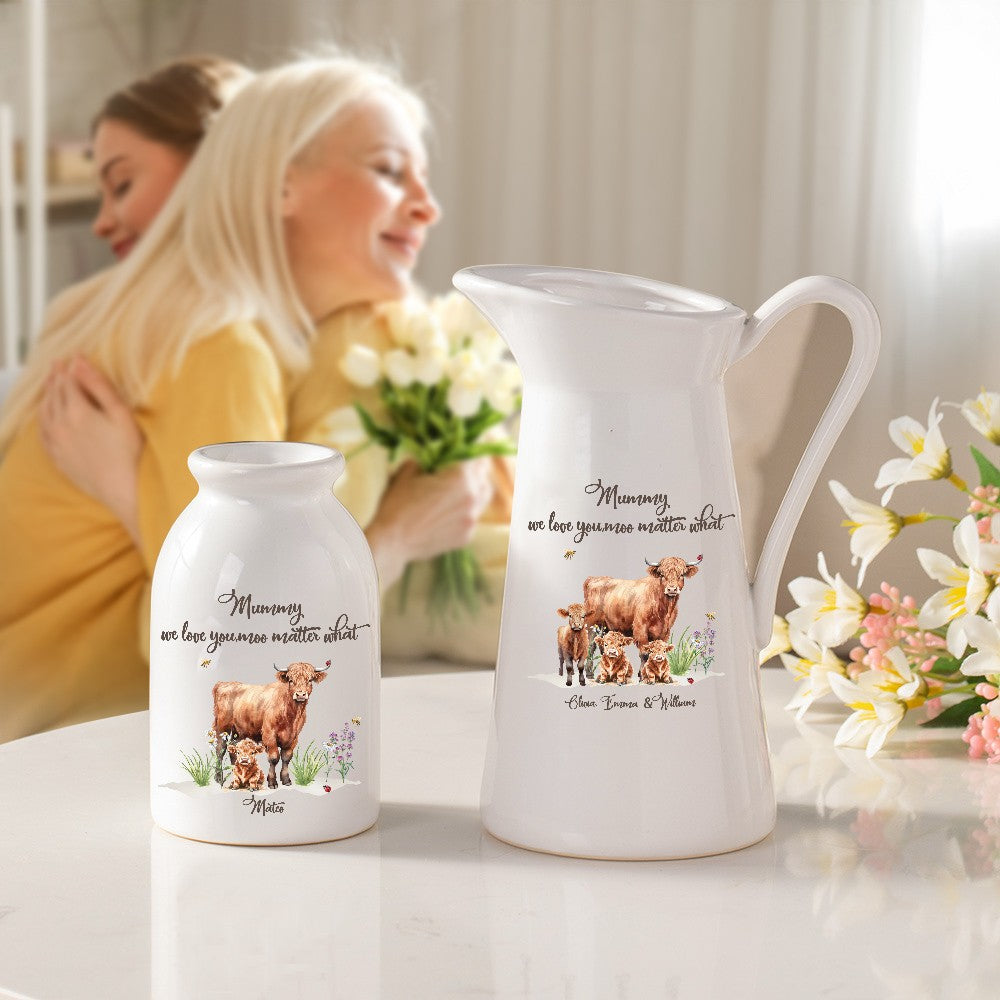 Personalized Name Highland Cow Mom & Kids Flower Vase, Women's Ceramic Mug Vase, Home Decor, Birthday/Mother's Day Gift for Her/Mom/Grandma