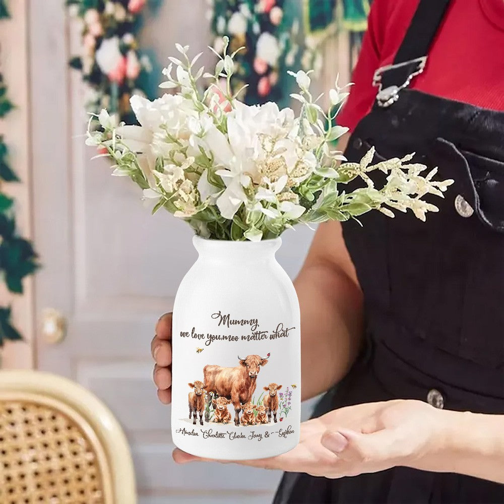 Personalized Name Highland Cow Mom & Kids Flower Vase, Women's Ceramic Mug Vase, Home Decor, Birthday/Mother's Day Gift for Her/Mom/Grandma