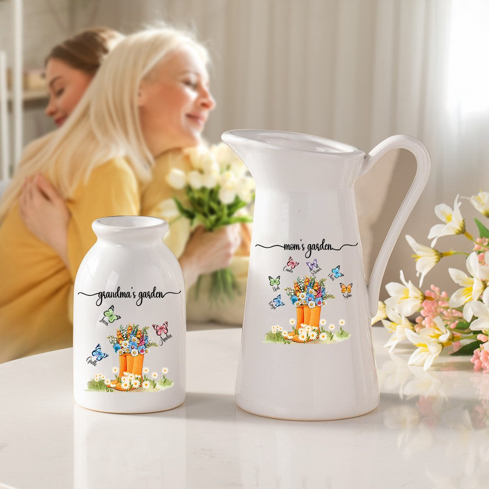 Personalized Names Butterfly Floral Boots Mug Vase, Grandma's Garden Ceramic Flower Vase, Home Decor, Birthday/Mother's Day Gift for Her/Mom/Grandma