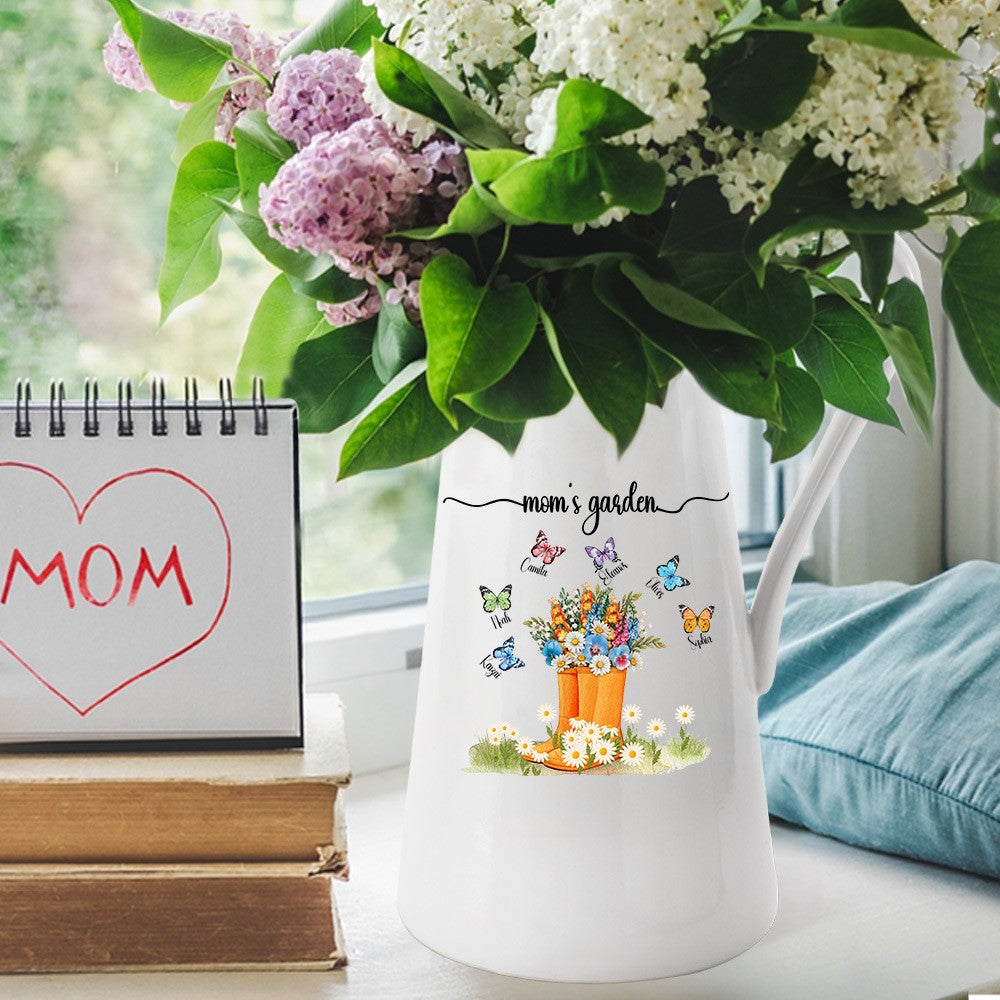 Personalized Names Butterfly Floral Boots Mug Vase, Grandma's Garden Ceramic Flower Vase, Home Decor, Birthday/Mother's Day Gift for Her/Mom/Grandma