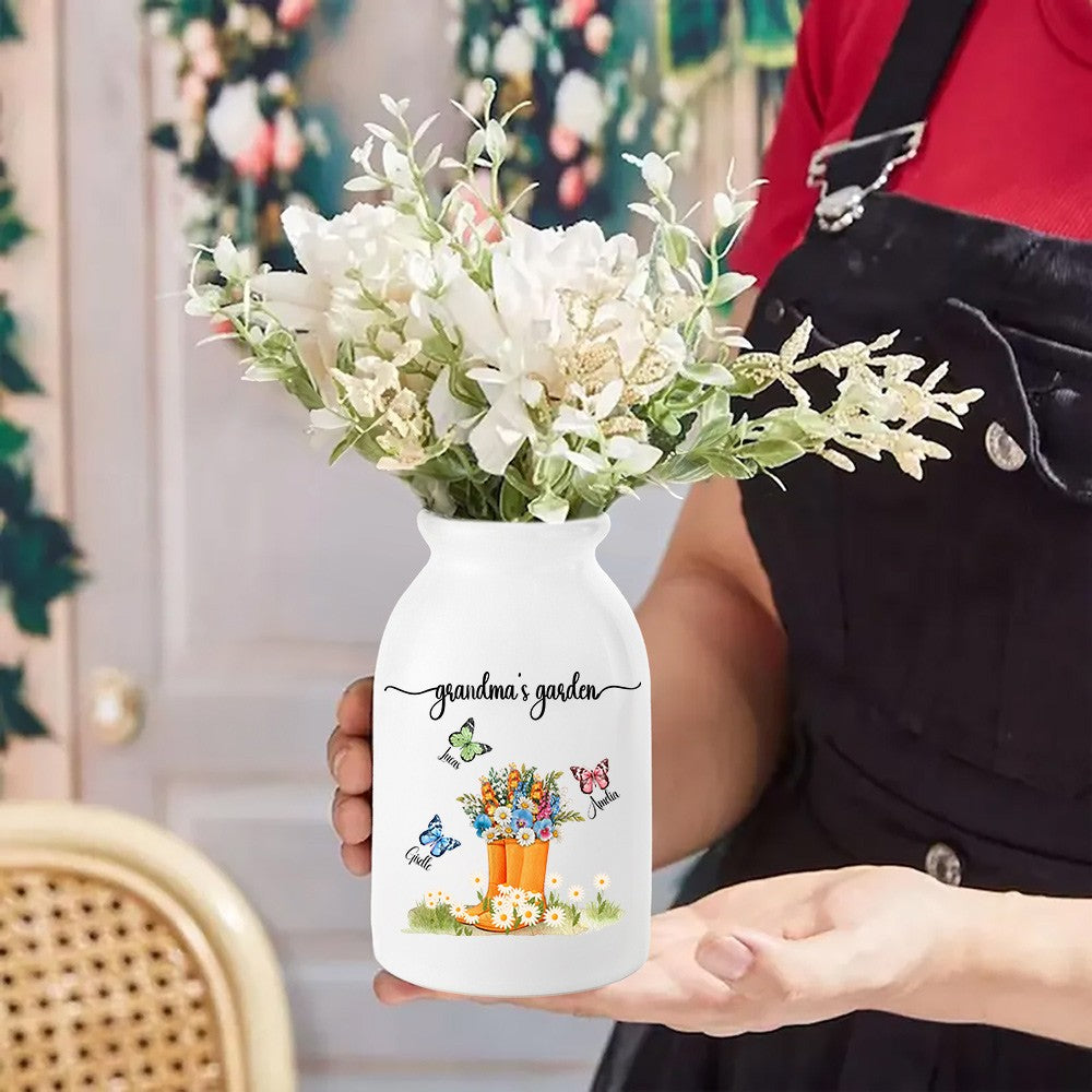 Personalized Names Butterfly Floral Boots Mug Vase, Grandma's Garden Ceramic Flower Vase, Home Decor, Birthday/Mother's Day Gift for Her/Mom/Grandma