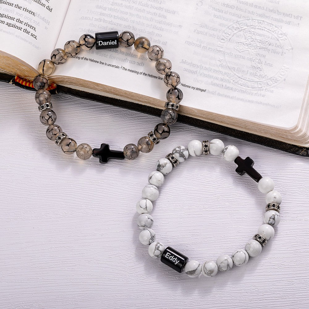 Custom Engraved Cross Beaded Bracelet, Adjustable Men's Natural Stone Christian Bracelet, Birthday/Christmas/Father's Day Gift for Him/Dad/Friends