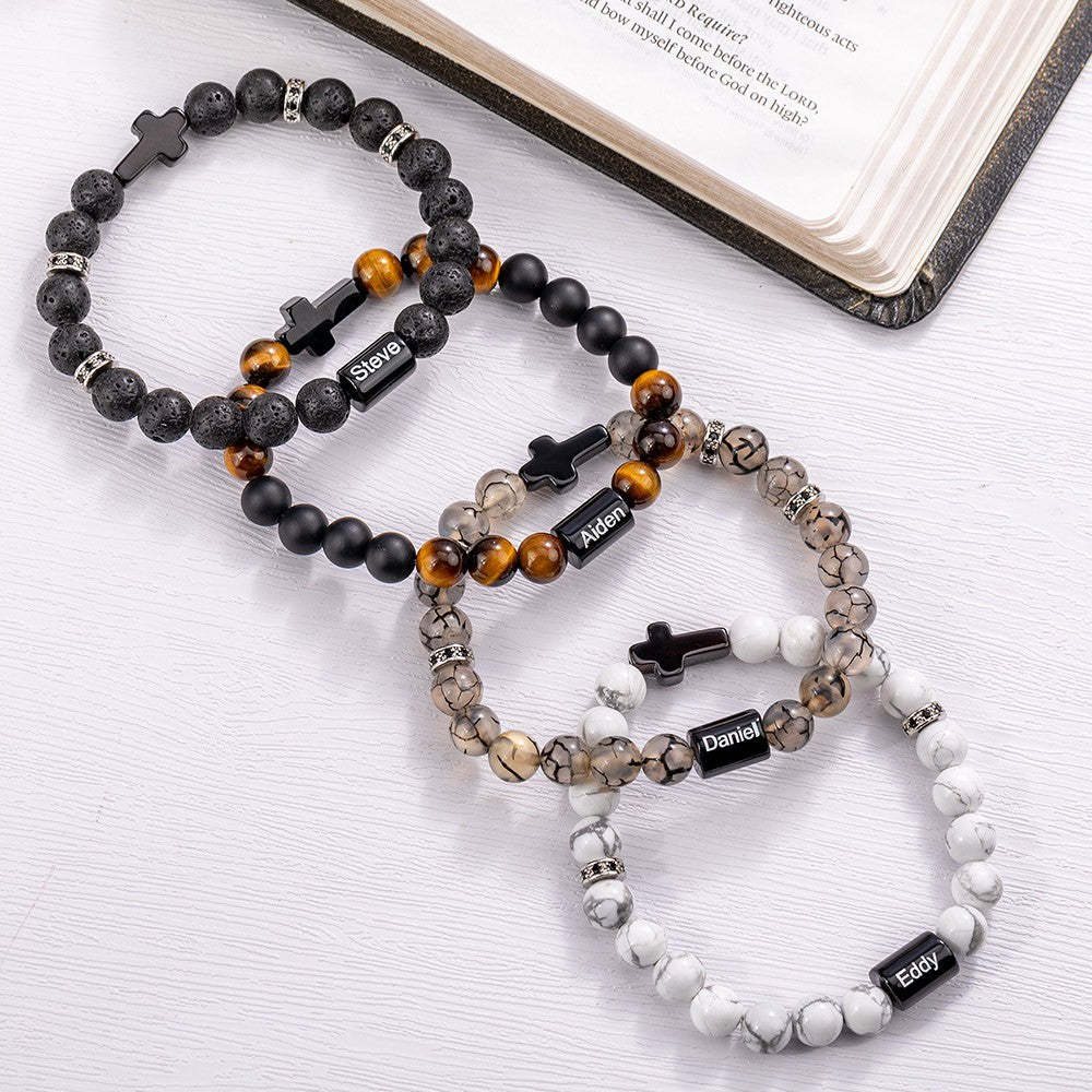 Custom Engraved Cross Beaded Bracelet, Adjustable Men's Natural Stone Christian Bracelet, Birthday/Christmas/Father's Day Gift for Him/Dad/Friends