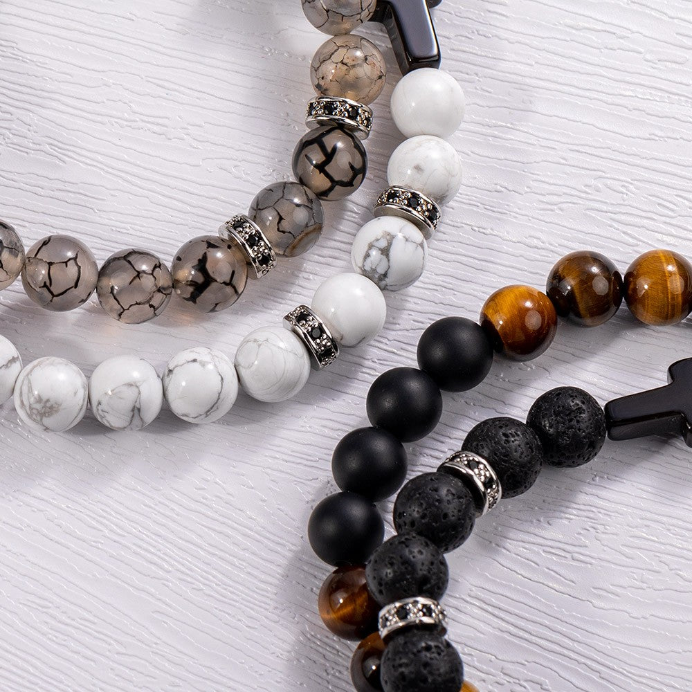 Custom Engraved Cross Beaded Bracelet, Adjustable Men's Natural Stone Christian Bracelet, Birthday/Christmas/Father's Day Gift for Him/Dad/Friends
