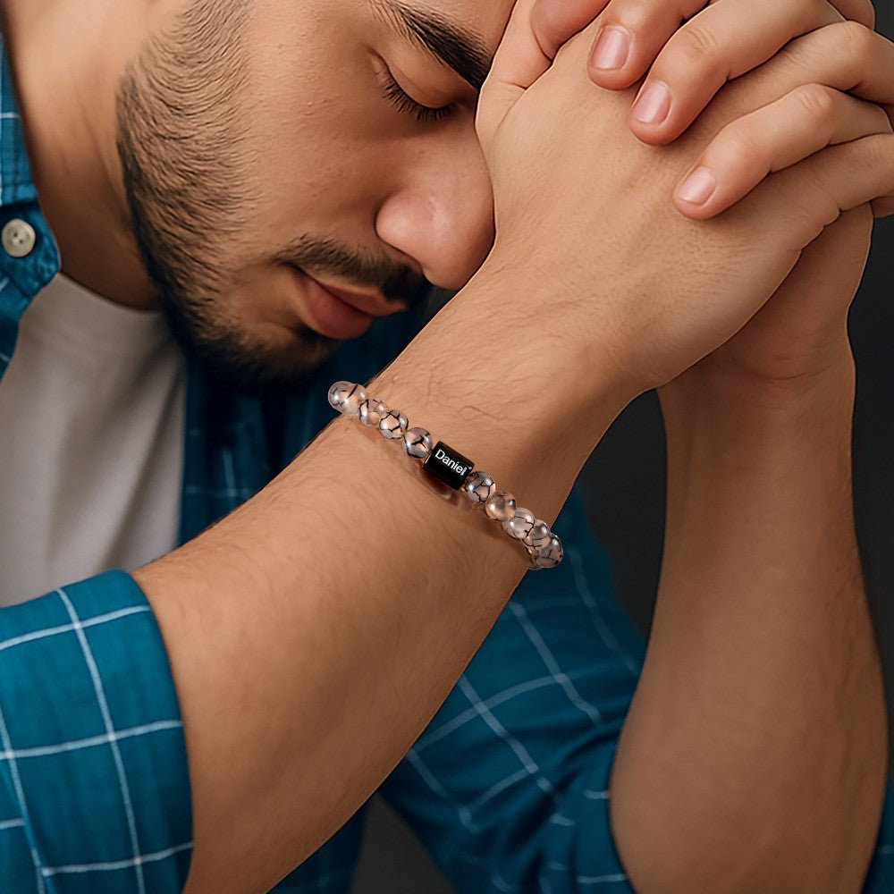Custom Engraved Cross Beaded Bracelet, Adjustable Men's Natural Stone Christian Bracelet, Birthday/Christmas/Father's Day Gift for Him/Dad/Friends