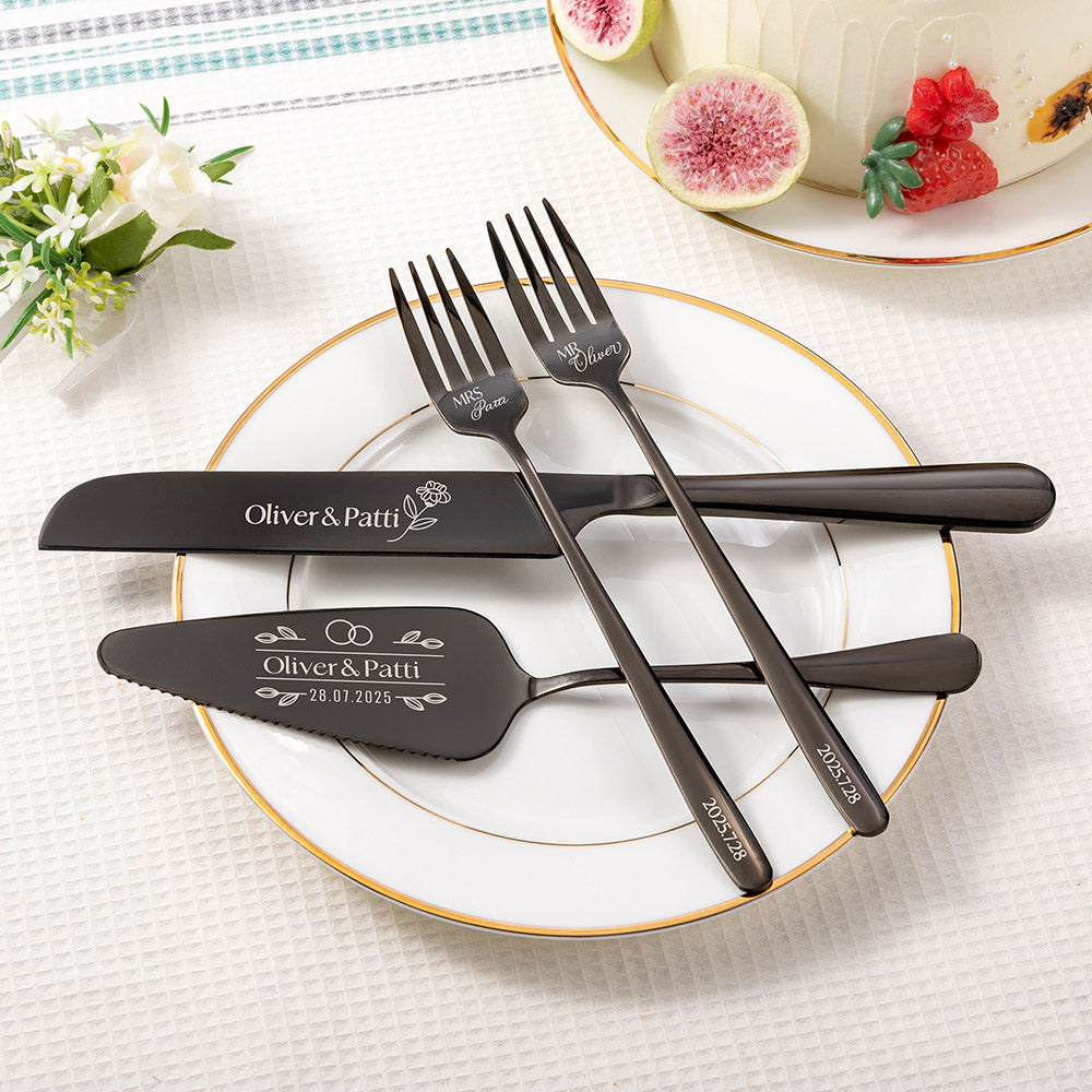 Personalized Engraved Wedding Cake Cutting Set of 2, Custom Name Date Knife Fork with Gift Box, Bridal Party Favor, Housewarming Gift for Couples