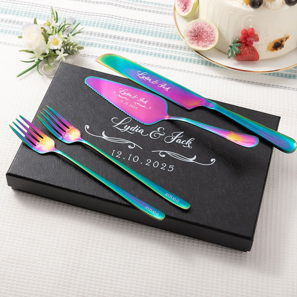 Personalized Engraved Wedding Cake Cutting Set of 2, Custom Name Date Knife Fork with Gift Box, Bridal Party Favor, Housewarming Gift for Couples