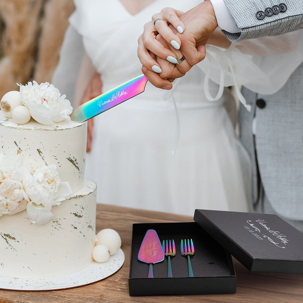 Personalized Engraved Wedding Cake Cutting Set of 2, Custom Name Date Knife Fork with Gift Box, Bridal Party Favor, Housewarming Gift for Couples