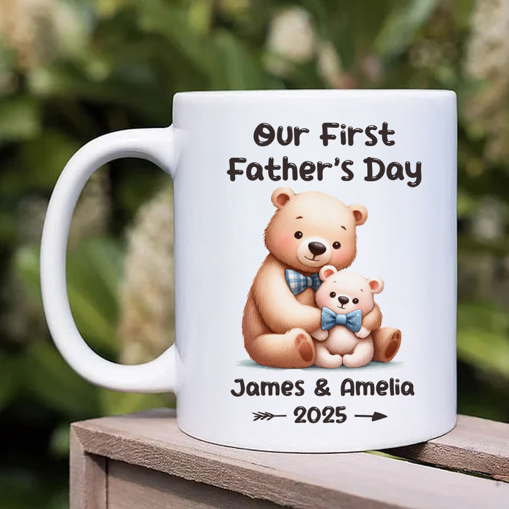 Custom Our First Father's Day Mug with Name, Cartoon Animal Papa & Kid Design Ceramic Mug, 11oz Two Tone Coffee Tea Cup, Father's Day Gift for New Dad