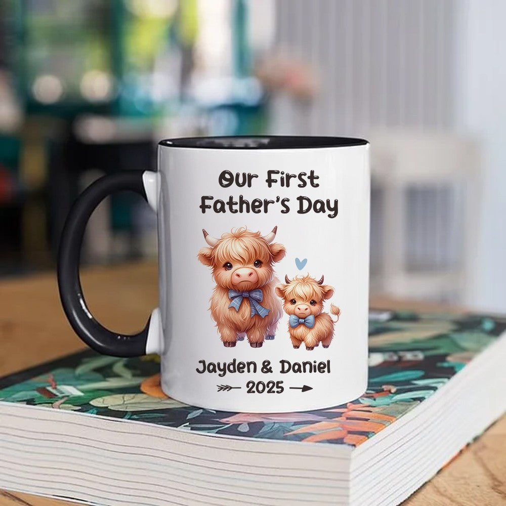 Custom Our First Father's Day Mug with Name, Cartoon Animal Papa & Kid Design Ceramic Mug, 11oz Two Tone Coffee Tea Cup, Father's Day Gift for New Dad