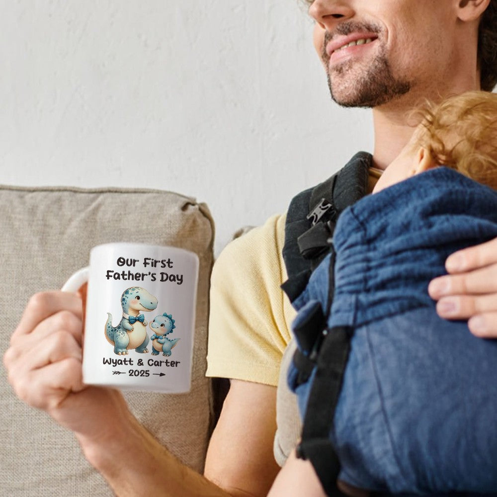 Custom Our First Father's Day Mug with Name, Cartoon Animal Papa & Kid Design Ceramic Mug, 11oz Two Tone Coffee Tea Cup, Father's Day Gift for New Dad