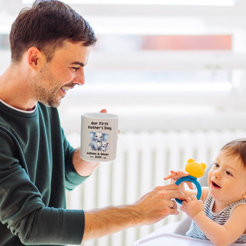Custom Our First Father's Day Mug with Name, Cartoon Animal Papa & Kid Design Ceramic Mug, 11oz Two Tone Coffee Tea Cup, Father's Day Gift for New Dad
