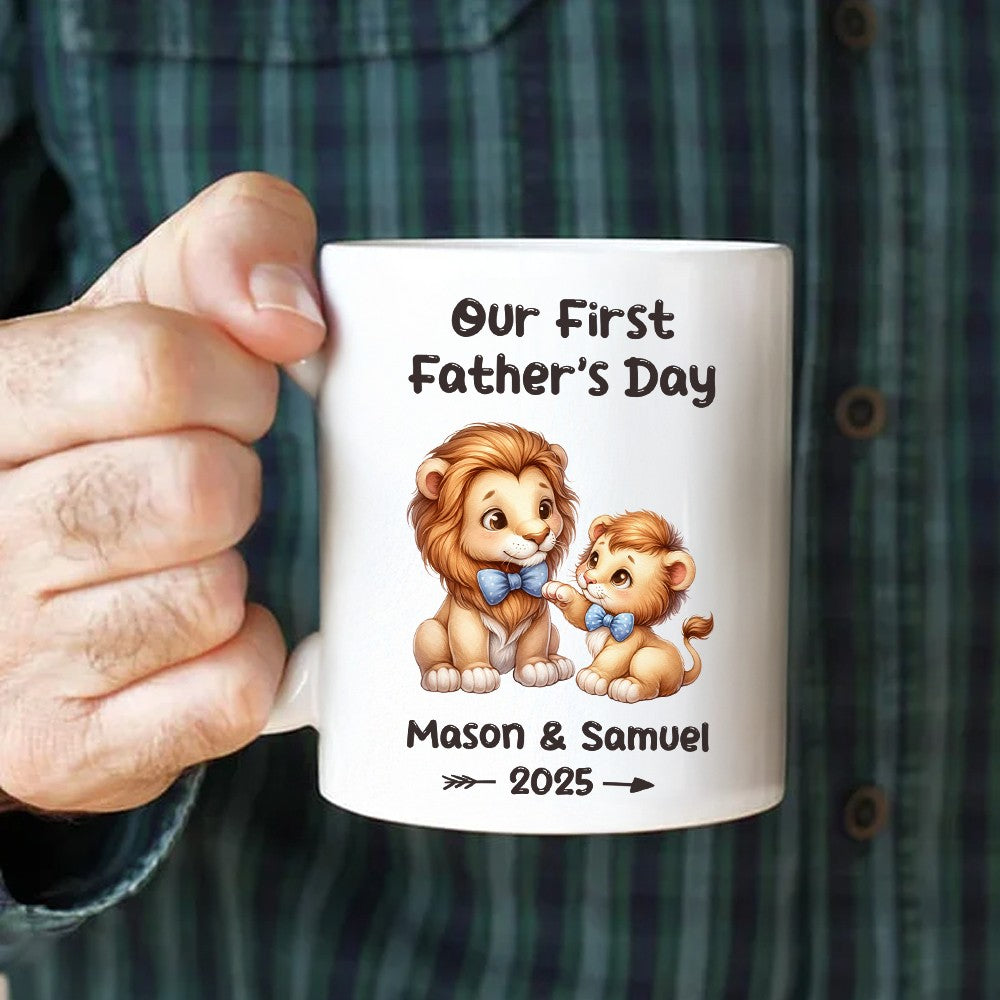 Custom Our First Father's Day Mug with Name, Cartoon Animal Papa & Kid Design Ceramic Mug, 11oz Two Tone Coffee Tea Cup, Father's Day Gift for New Dad